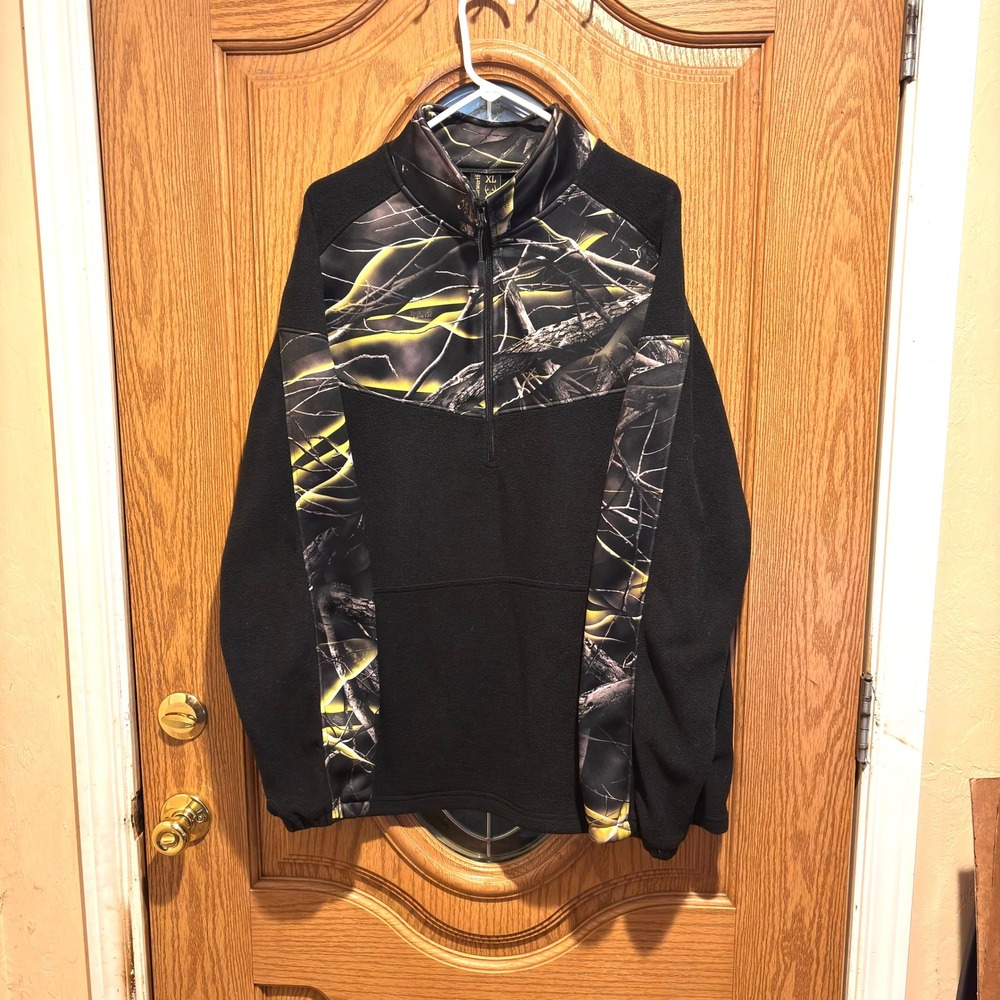 Huntworth Camo Fleece Quarter Zip Pullover Mens XL Black Yellow Hunting Outdoor‎